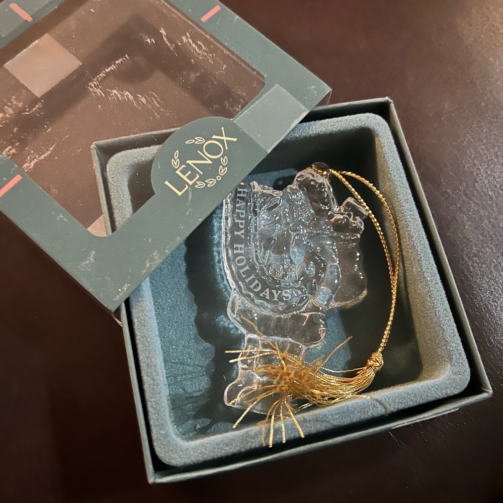 EUC VTG LENOX CRYSTAL "HAPPY HOLIDAYS" SANTA w TOYS & HORN CHRISTMAS ORNAMENT